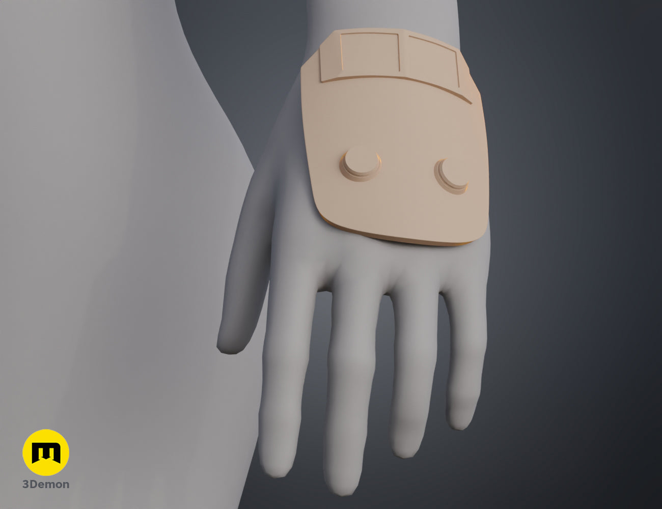 Hand photo of 3D printed Ketsu Onyo Armor, beige wrist guard with two finger slots and grip ridges.