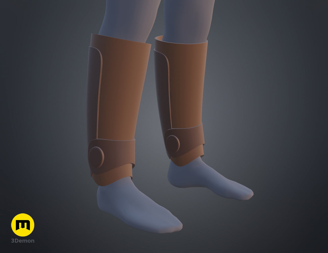 Textured 3D render of Ketsu Onyo Armor, brown leather-style knee guards with metal buckles, 3D printed cosplay prop.