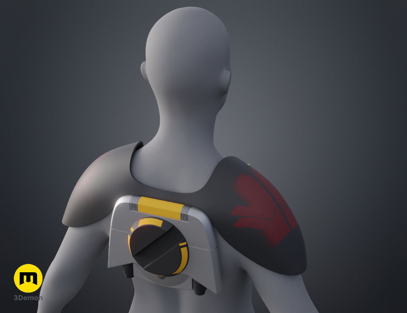 Digital 3D render of Ketsu Onyo Armor STL, grey and red shoulder guard with mechanical forearm attachment.