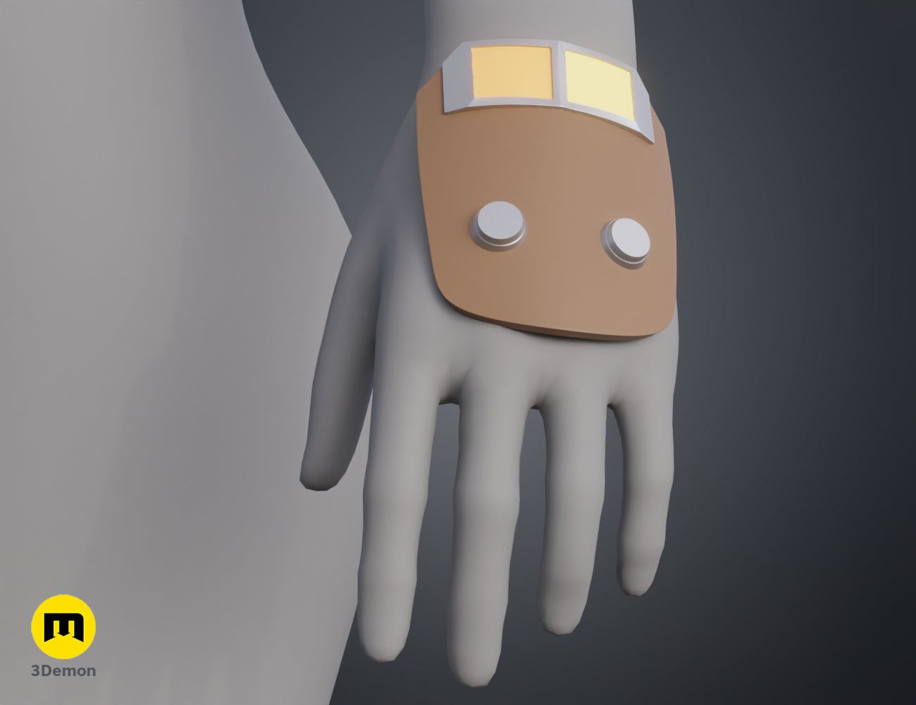 3D model render of Ketsu Onyo Armor, brown wrist guard with two buttons and glowing accents, 3D print.