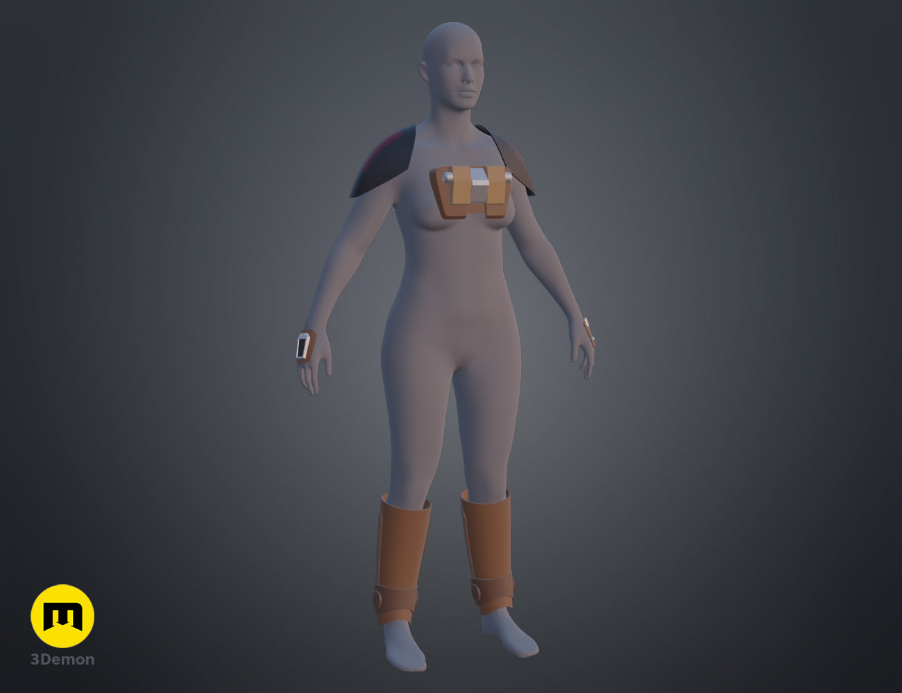 3D model render of Ketsu Onyo Armor, brown shoulder guards, chest plate, and knee-high boots, 3D print cosplay prop.