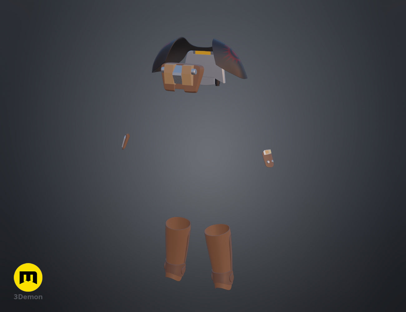 3D model render of Ketsu Onyo Armor STL, dark segmented chest with orange shoulder guards and detached leg pieces.