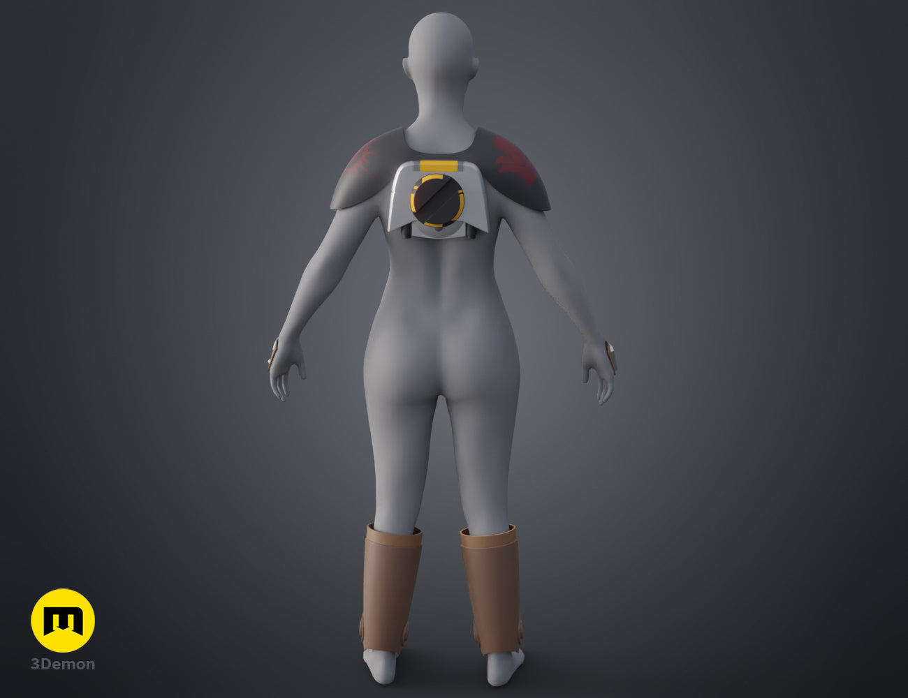 3D model render of Ketsu Onyo Armor STL, grey cosplay armor with shoulder pads, chest plate, and brown knee guards.