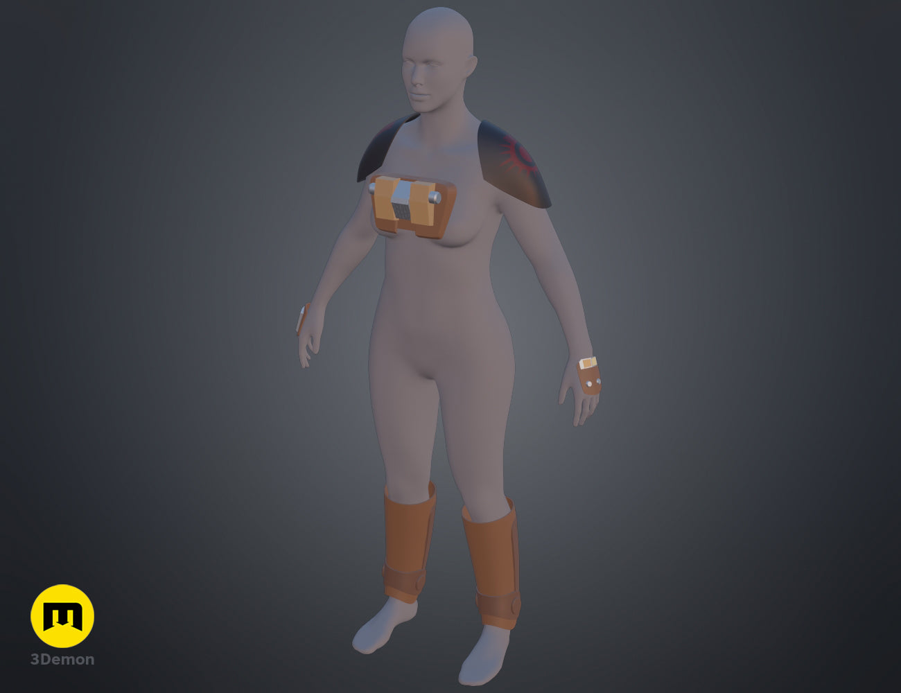 3D model render of Ketsu Onyo Armor STL, sleeveless brown/red shoulder pauldron and knee guards.