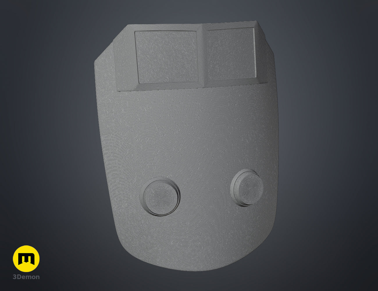 3D model render of Ketsu Onyo Armor STL, grey futuristic chest plate with two circular buttons.