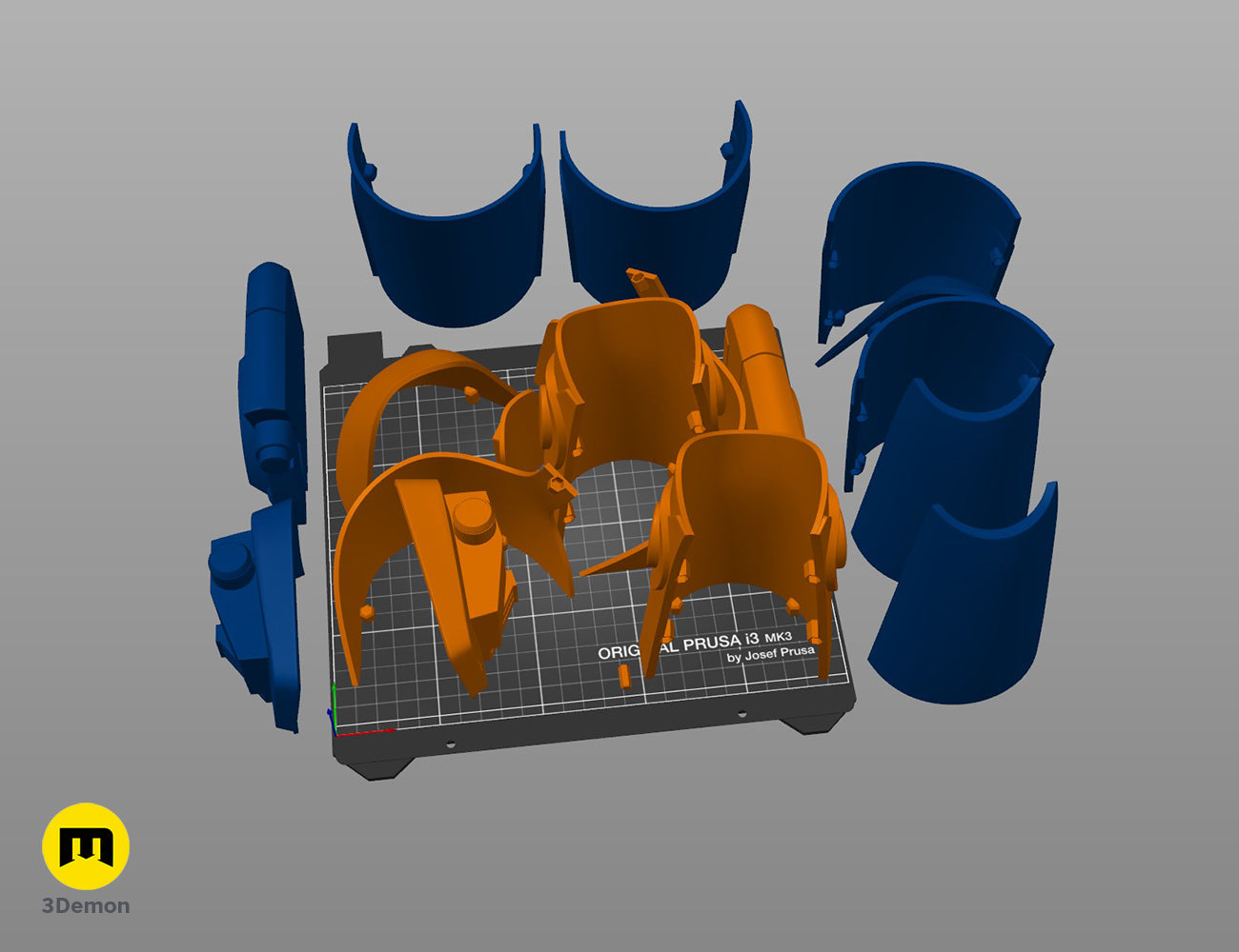 Color-coded parts breakdown of Ketsu Onyo Armor STL, 5 blue and 3 orange segmented components.