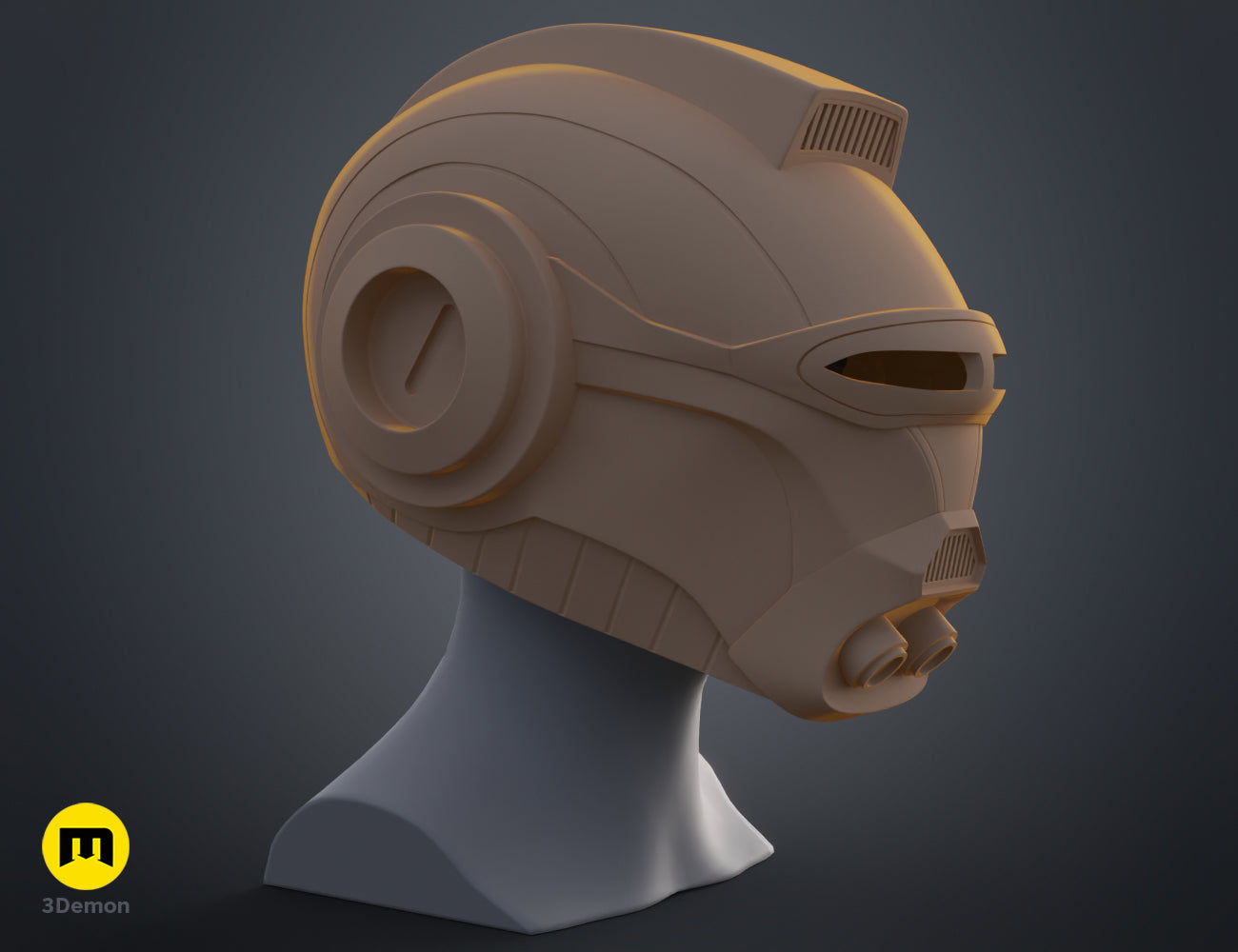 3D render of Ketsu Onyo Helmet 3D print, brown futuristic headpiece with large ear horn and visor.
