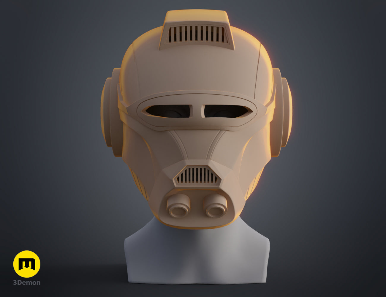 3D render of Ketsu Onyo Helmet, gold-toned 3D printed cosplay prop with dual exhaust vents and visor.