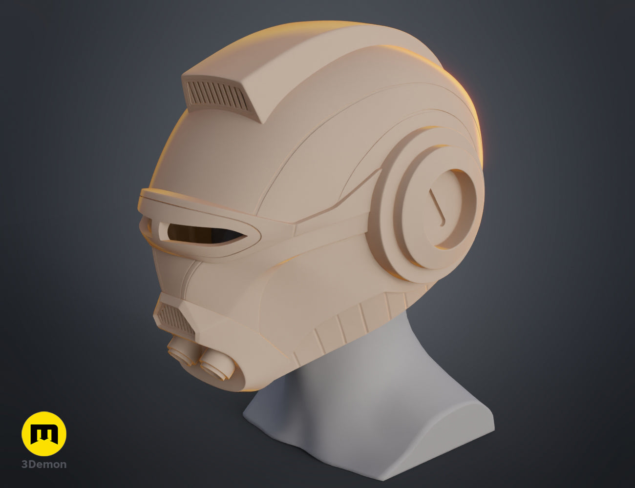 3D render of Ketsu Onyo Helmet STL, beige 3D printed cosplay prop with spiral ear.