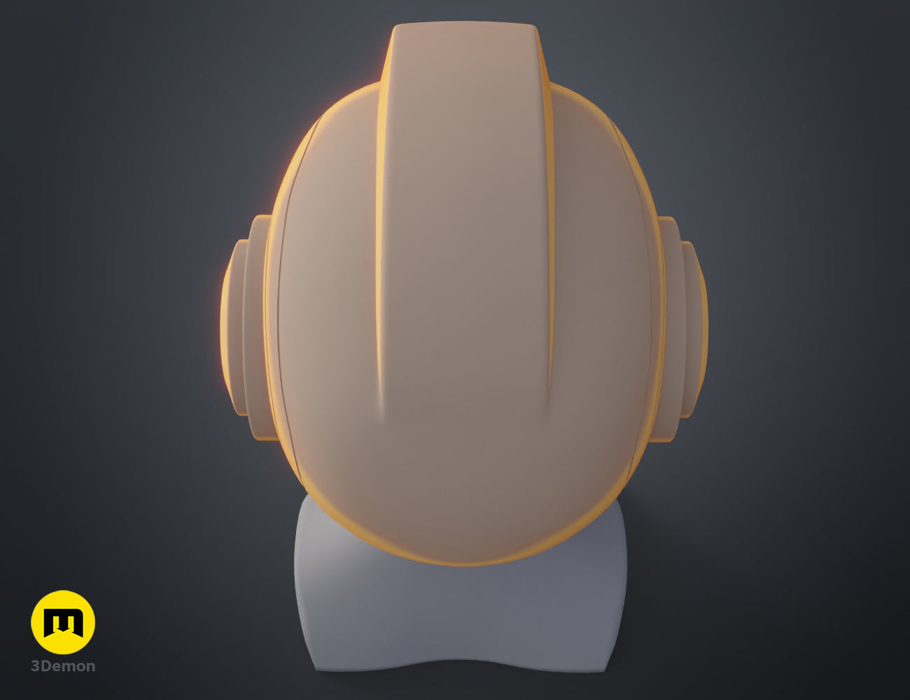 3D render of Ketsu Onyo Helmet 3D print, beige with golden prongs and sleek base.