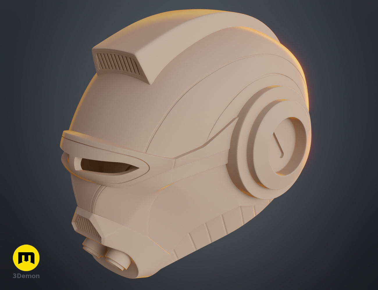 3D render of Ketsu Onyo Helmet 3D print, beige futuristic dome with spiral emblem and visor.