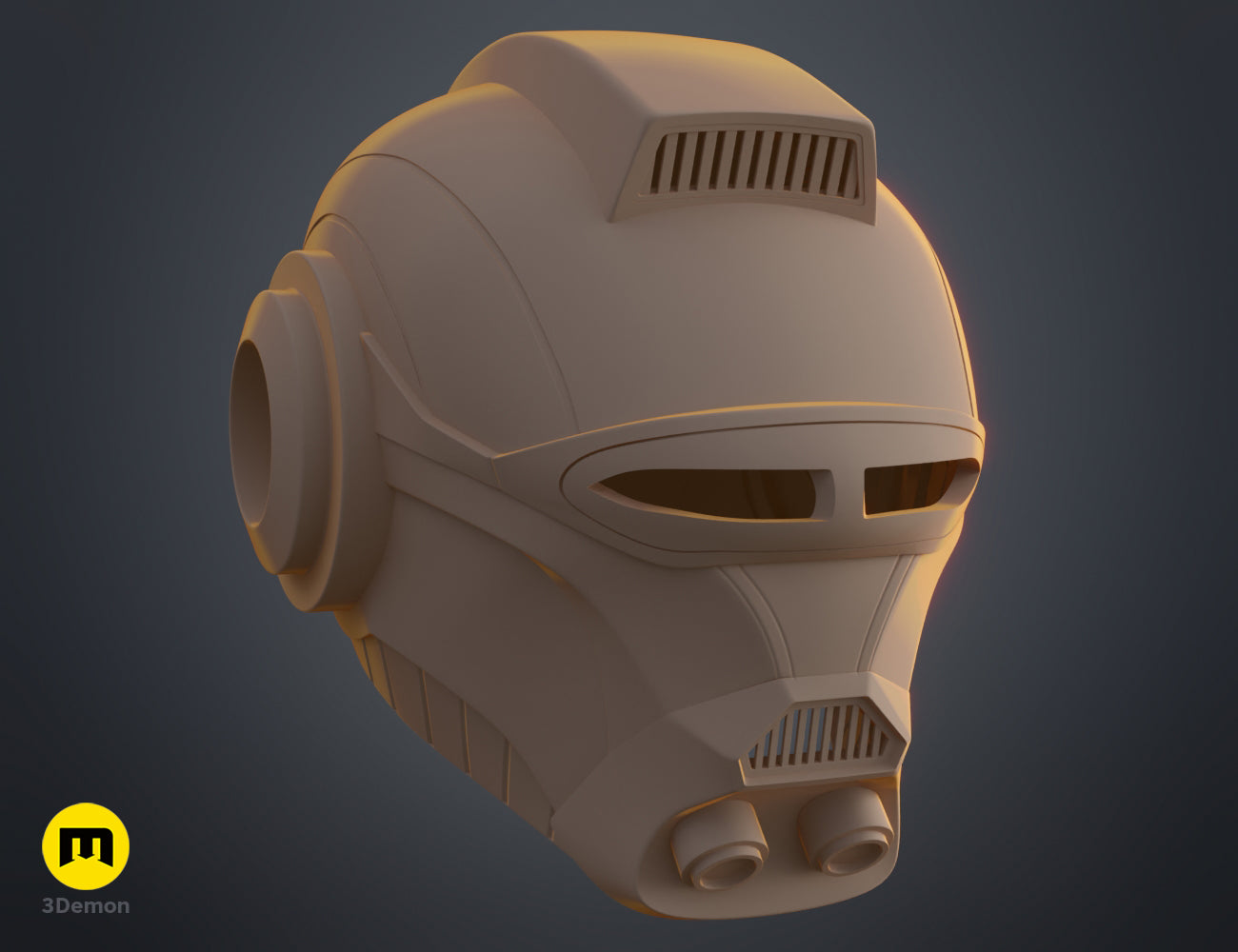 3D render of Ketsu Onyo Helmet 3D print, beige futuristic helmet with two side vents and visor.