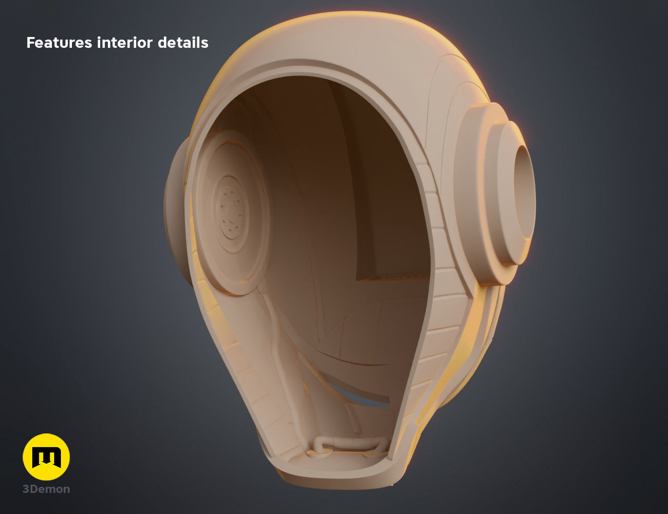 3D render of Ketsu Onyo Helmet 3D print, beige futuristic headpiece with interior details
