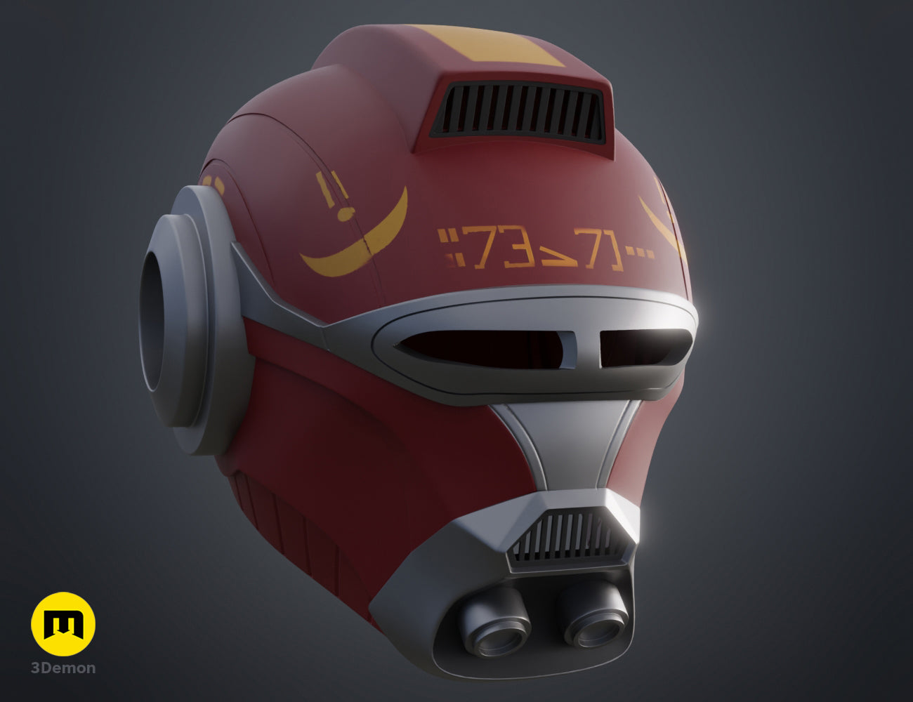 Painted 3D render of Ketsu Onyo Helmet cosplay prop, red and grey with glowing accents, dual exhaust vents.