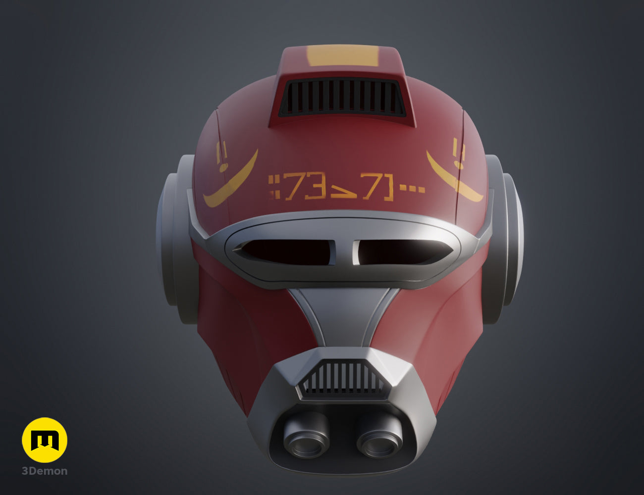 Painted 3D render of Ketsu Onyo Helmet cosplay prop, red and grey with glowing orange display.
