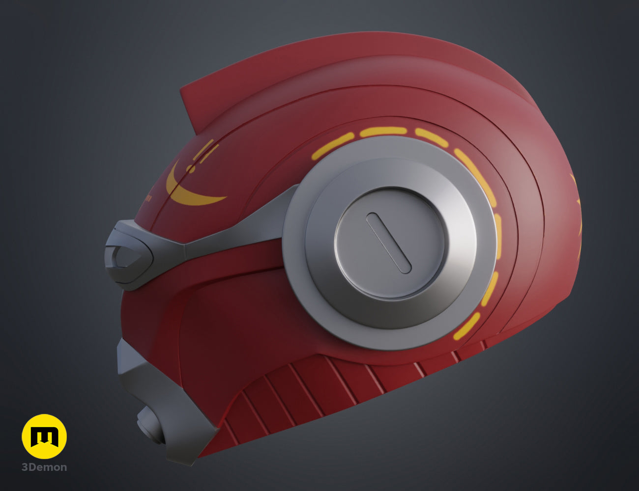 Painted 3D render of Ketsu Onyo Helmet cosplay prop, red with metallic silver accents, single-part design.