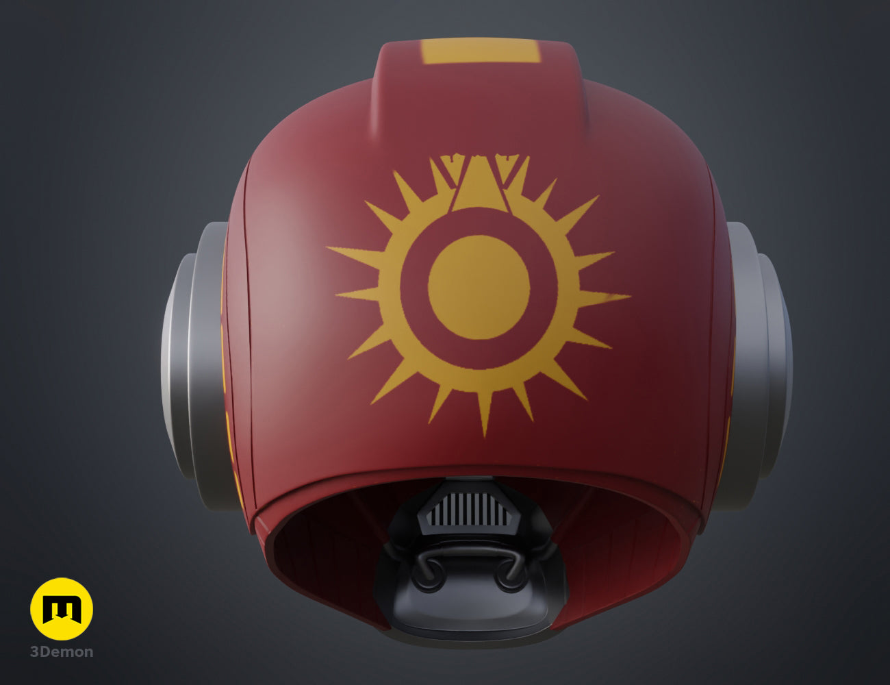Painted 3D render of Ketsu Onyo Helmet cosplay prop, red with golden sun emblem, dual-lens visor.
