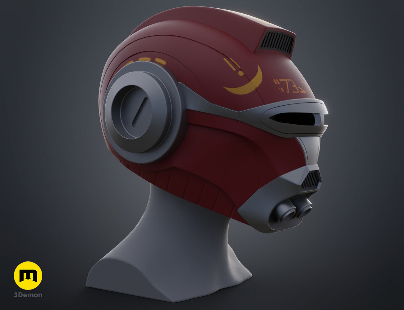 3D render of Ketsu Onyo Helmet, red and grey 3D printed cosplay prop with large ear vent and side air intake.