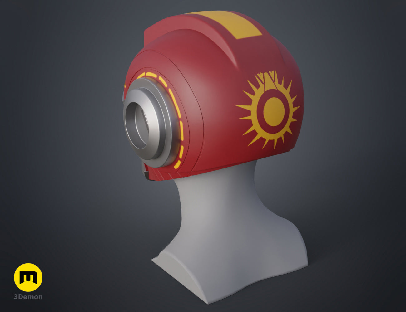 3D render of Ketsu Onyo Helmet 3D print, red with glowing yellow sun emblem and metallic lens