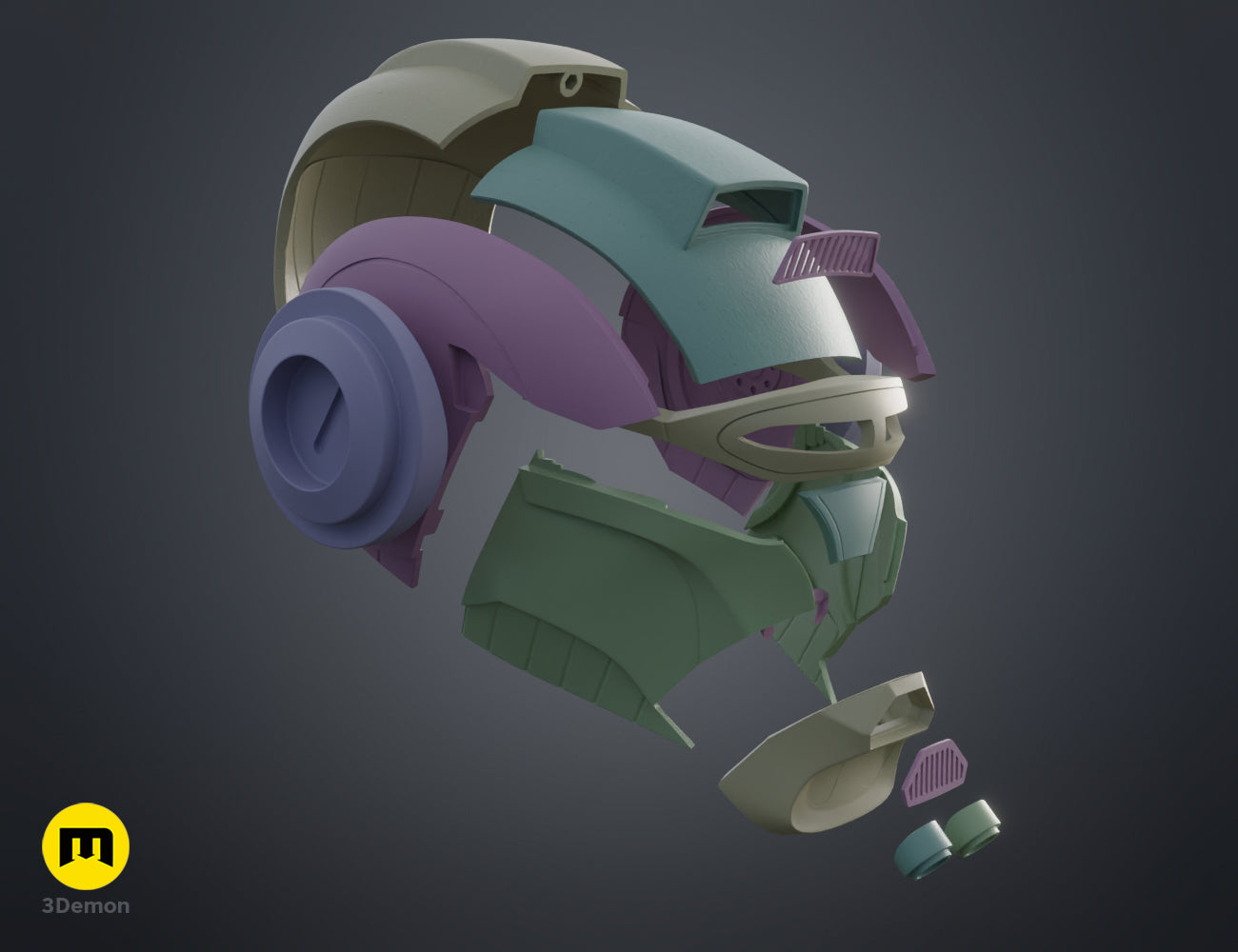 3D render of Ketsu Onyo Helmet 3D print, purple and teal futuristic cosplay prop with two large shoulder pads.