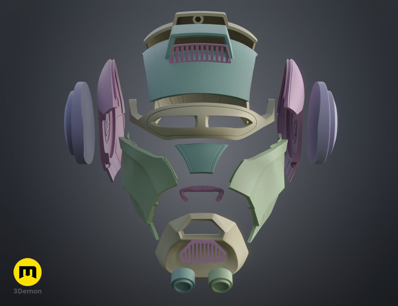 3D render of Ketsu Onyo Helmet STL, 3D printed cosplay with purple and teal parts, disassembled.