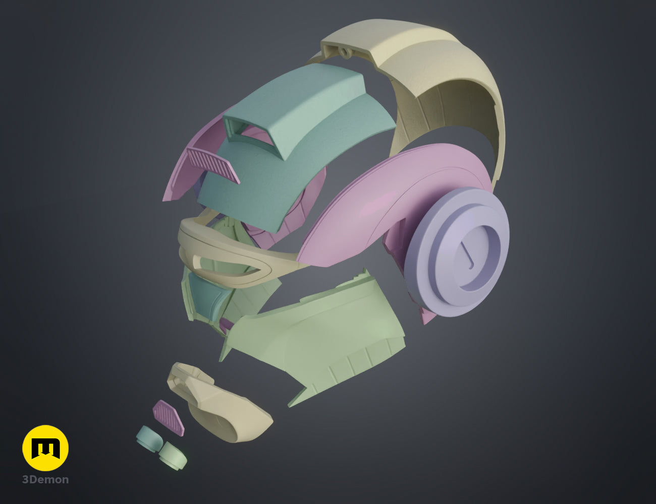 Disassembled parts of Ketsu Onyo Helmet 3D print, multicolored segmented sections.
