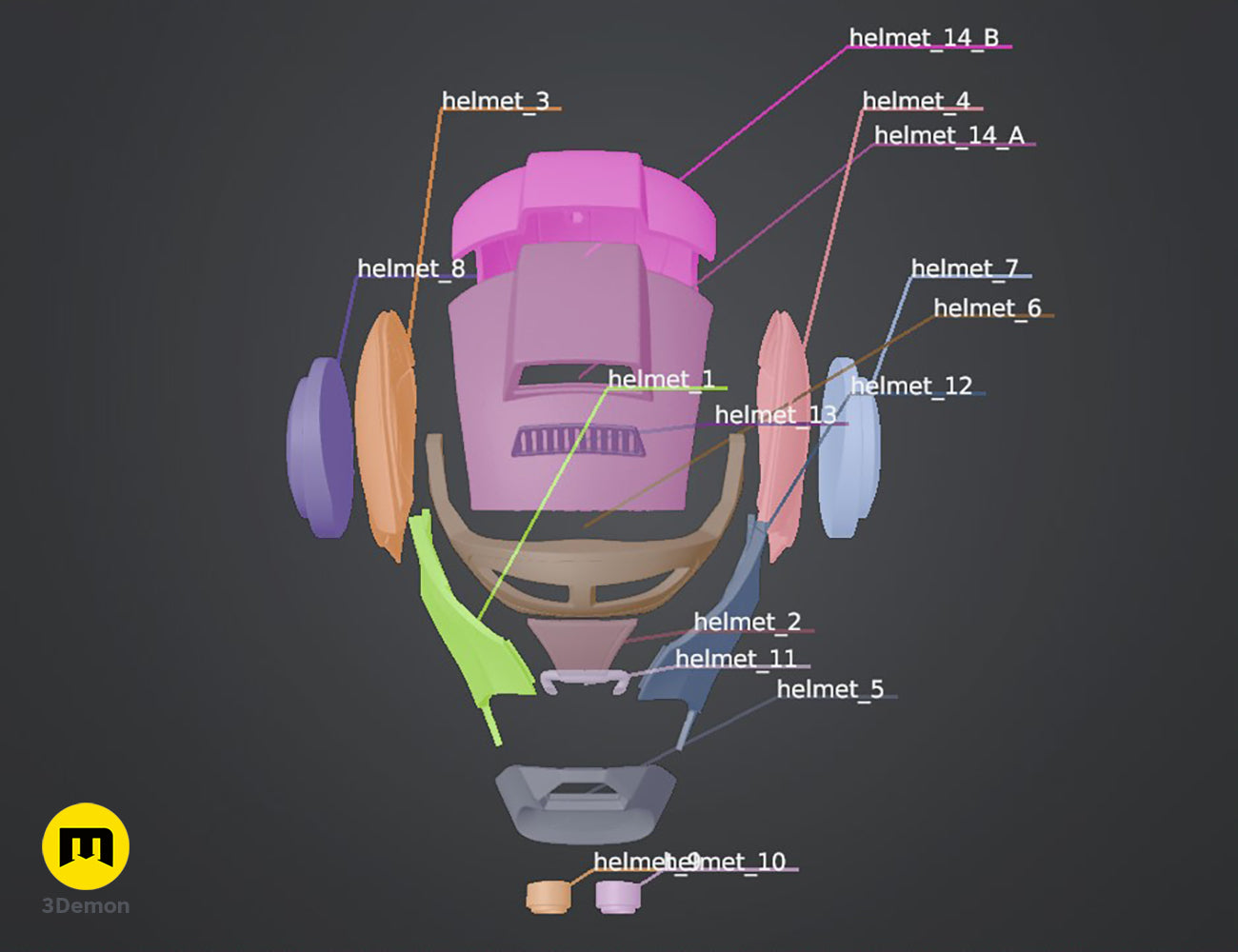 Assembly guide render of Ketsu Onyo Helmet STL, 14-part disassembled cosplay prop.