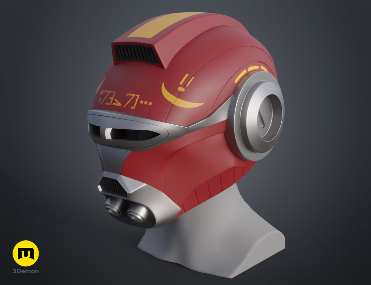 Painted 3D render of Ketsu Onyo Helmet 3D print, red and silver futuristic cosplay prop with glowing display.