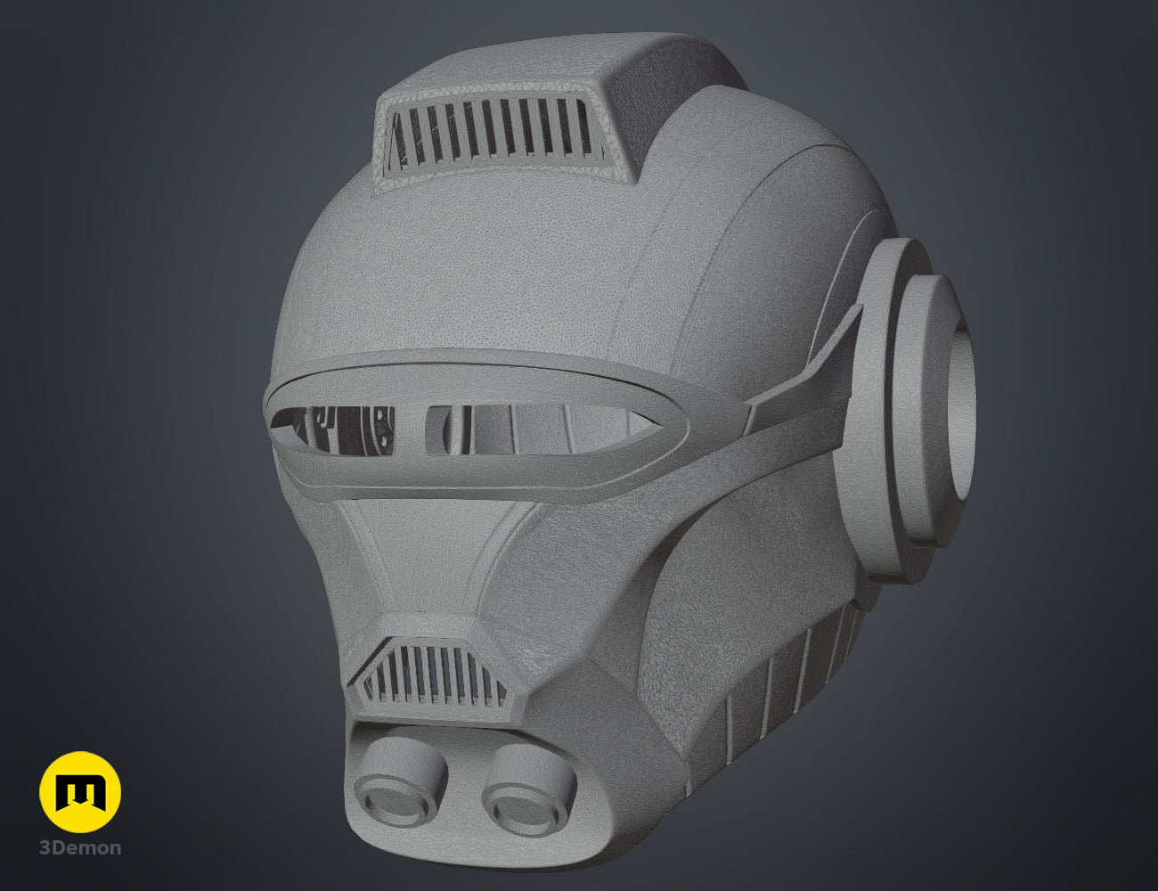 3D render of Ketsu Onyo Helmet 3D print, grey futuristic helmet with ventilation slits and side lens