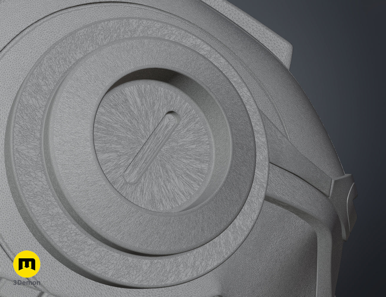 3D render of Ketsu Onyo Helmet, 3D printed grey cosplay prop with circular ventilation and central blade slot.
