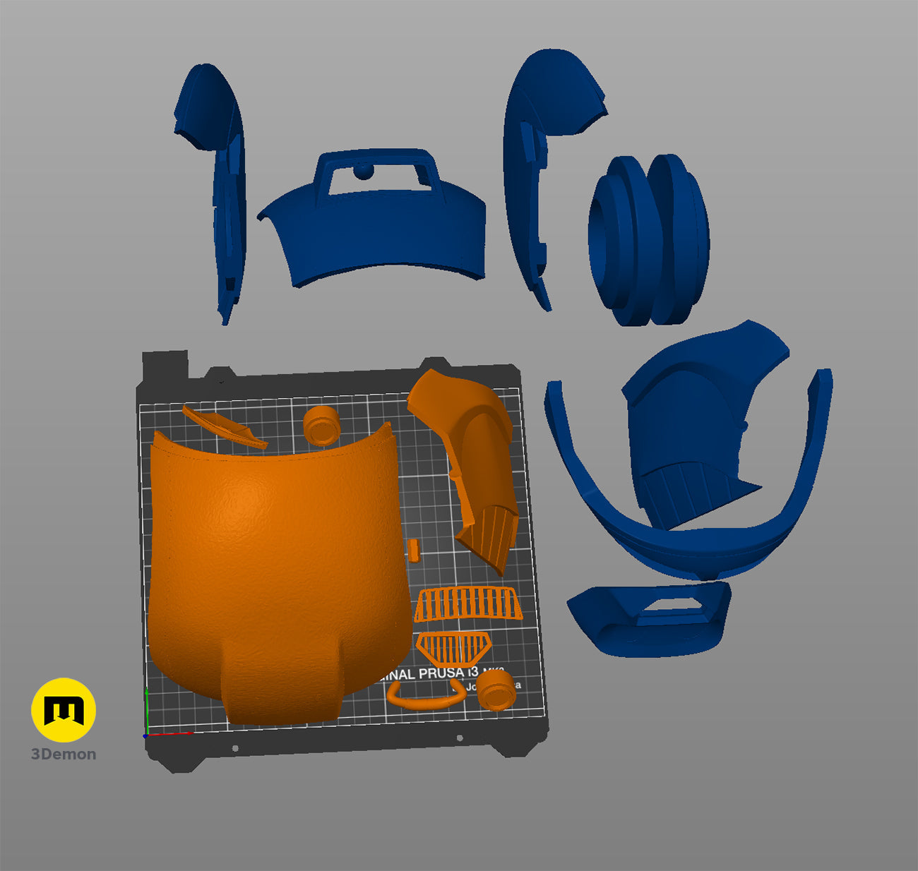 Disassembled parts of Ketsu Onyo Helmet 3D print, blue and orange plastic, 10-piece assembly.