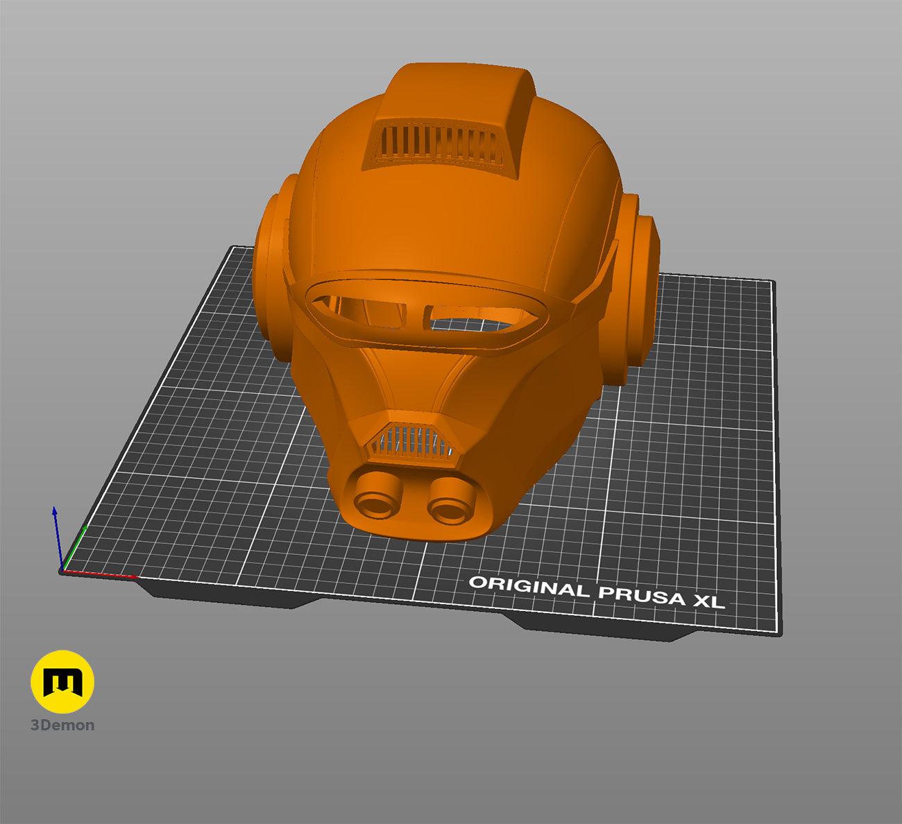 Slicer screenshot of Ketsu Onyo Helmet 3D print on Original Prusa XL bed, orange two-part design.