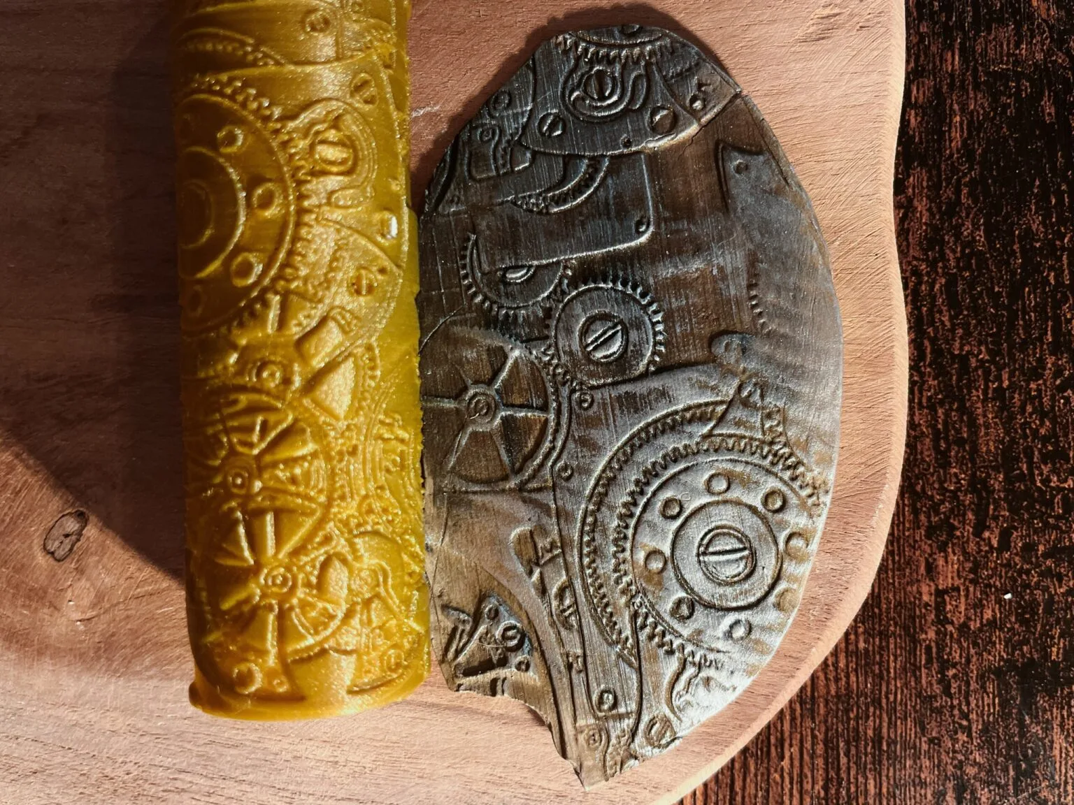 Lifestyle photo of 3D printed DnD Terrain Rollers – Steampunk textures, brass and dark metal details.