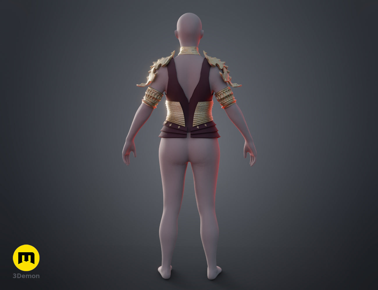 Textured 3D render of Lilith’s armor - Diablo IV, red-gold shoulder pauldron, segmented chest plate, 3D print cosplay...