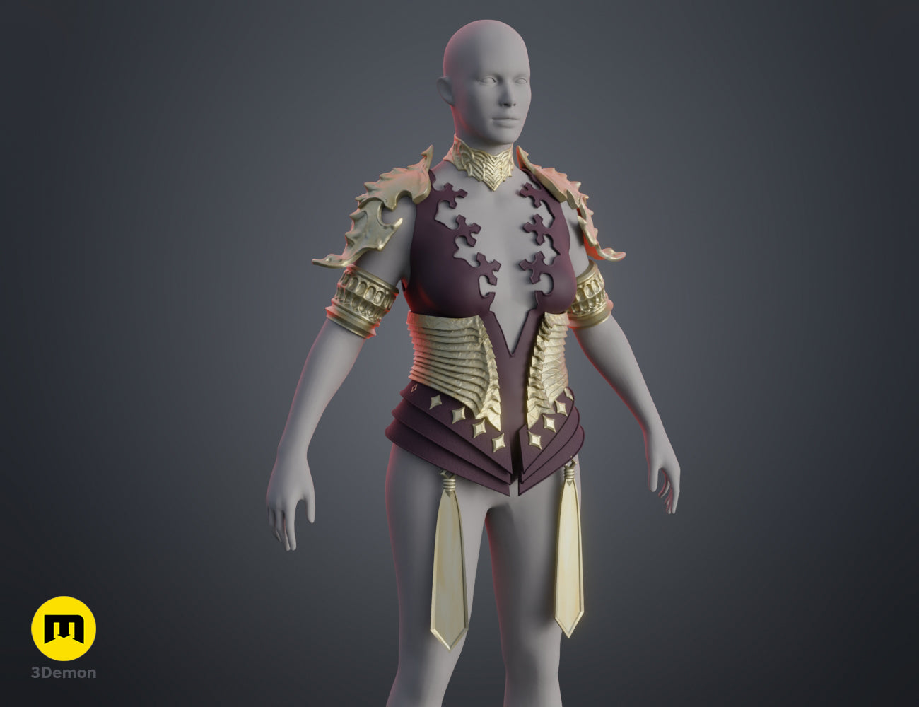 Textured 3D render of Lilith’s armor - Diablo IV, purple-gold corset with puzzle-pattern chest, shoulder pauldron STL.