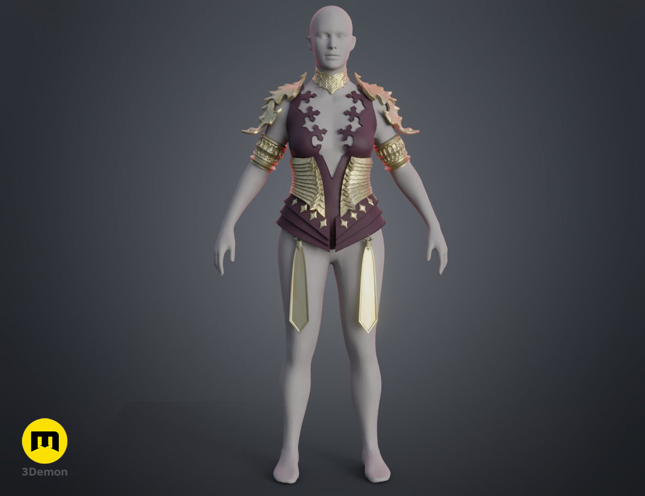 Digital 3D render of Lilith's armor - Diablo IV, maroon and gold 3D printed cosplay chest plate with shoulder guards.
