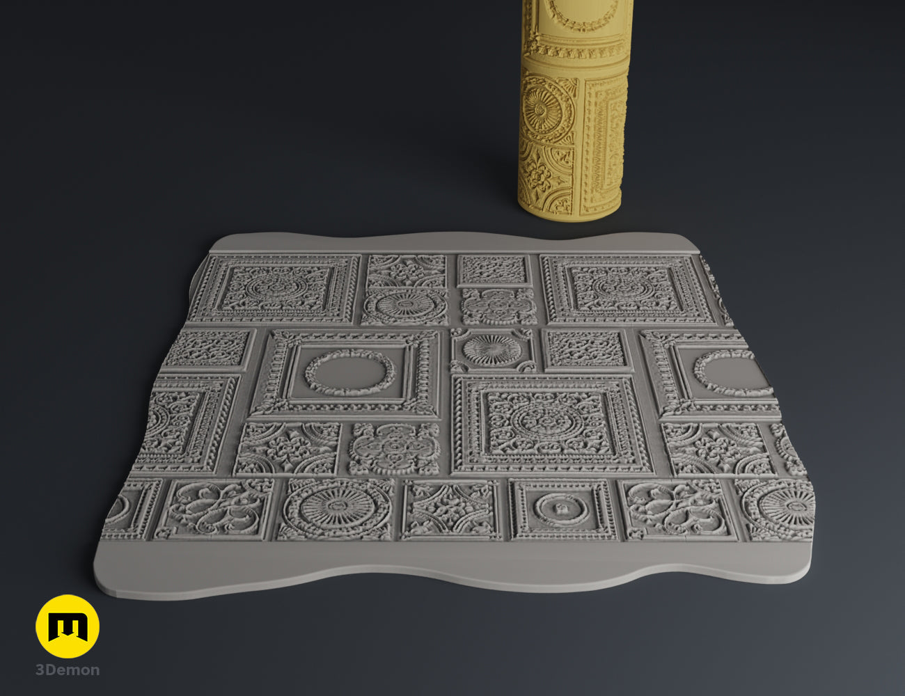 Textured 3D render of DnD Terrain Rollers – Steampunk textures, intricately carved grey metal plate, 3D print.
