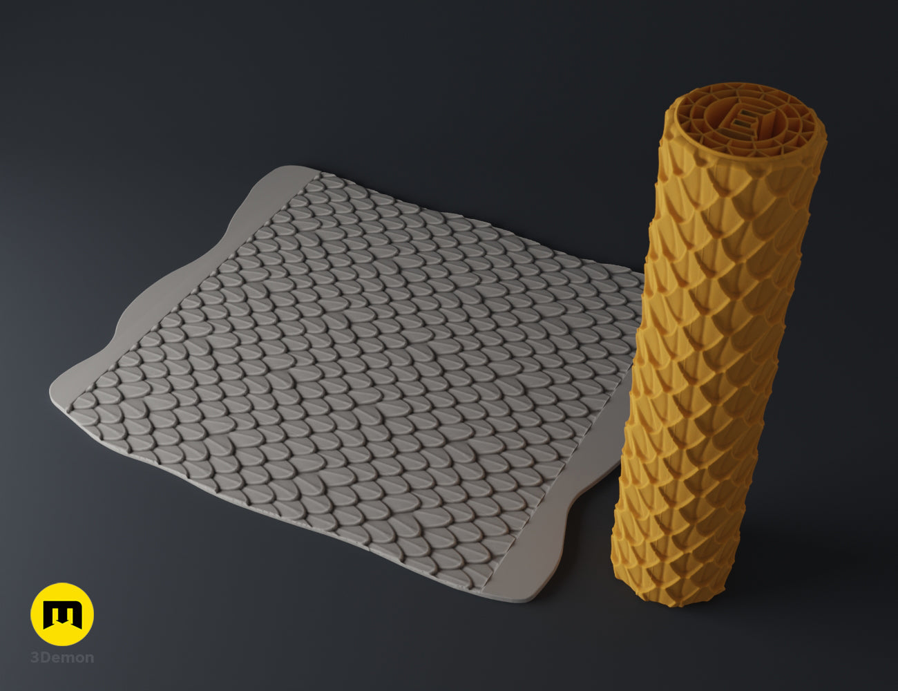 Close-up colored render of a dragon scale pattern on a 3D printable terrain roller for STL printing.