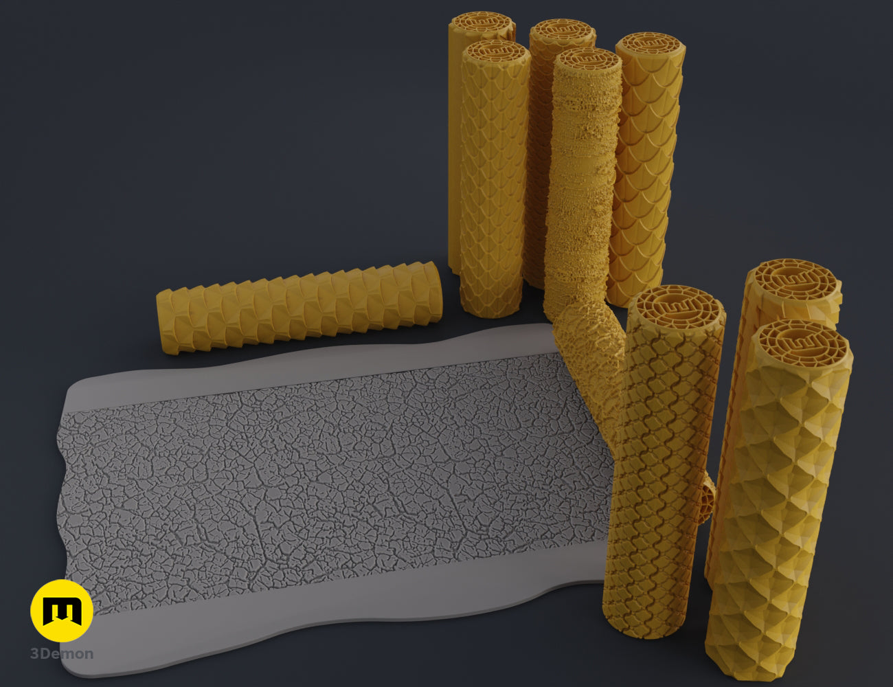 Real photo showing various 3D printed terrain rollers with leather and scale patterns for DnD.