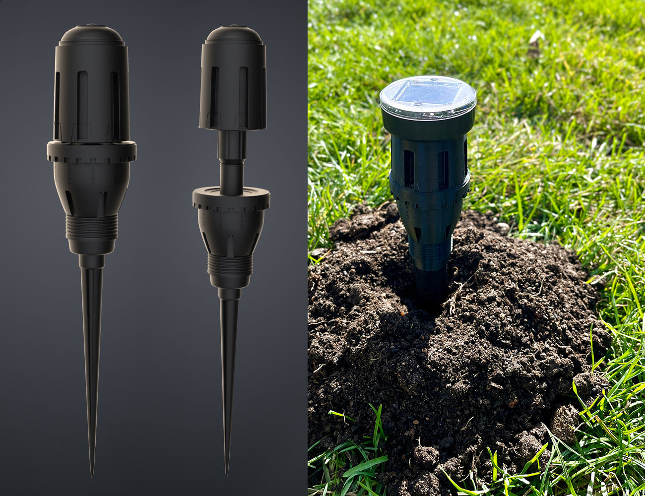 3D render of a black Dune Thumper device with a long pointed stake and cylindrical mechanical head.