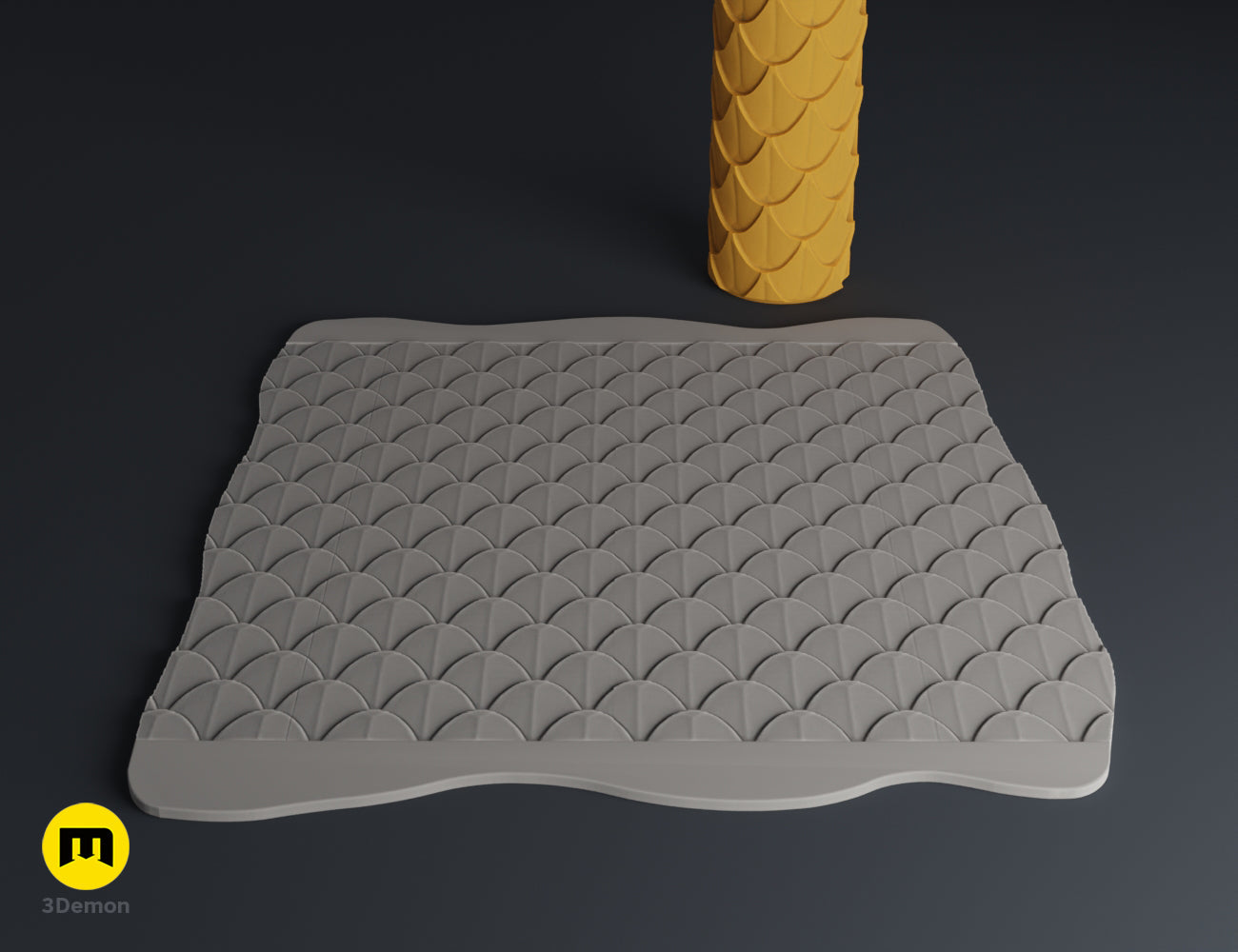 Grey clay impression of a fish scale pattern created with a 3D printed terrain roller for DnD.