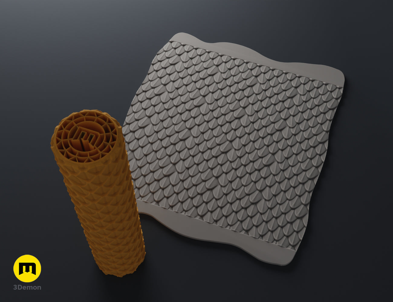 Orange 3D render of a dragon scale terrain roller standing next to its grey clay texture impression.