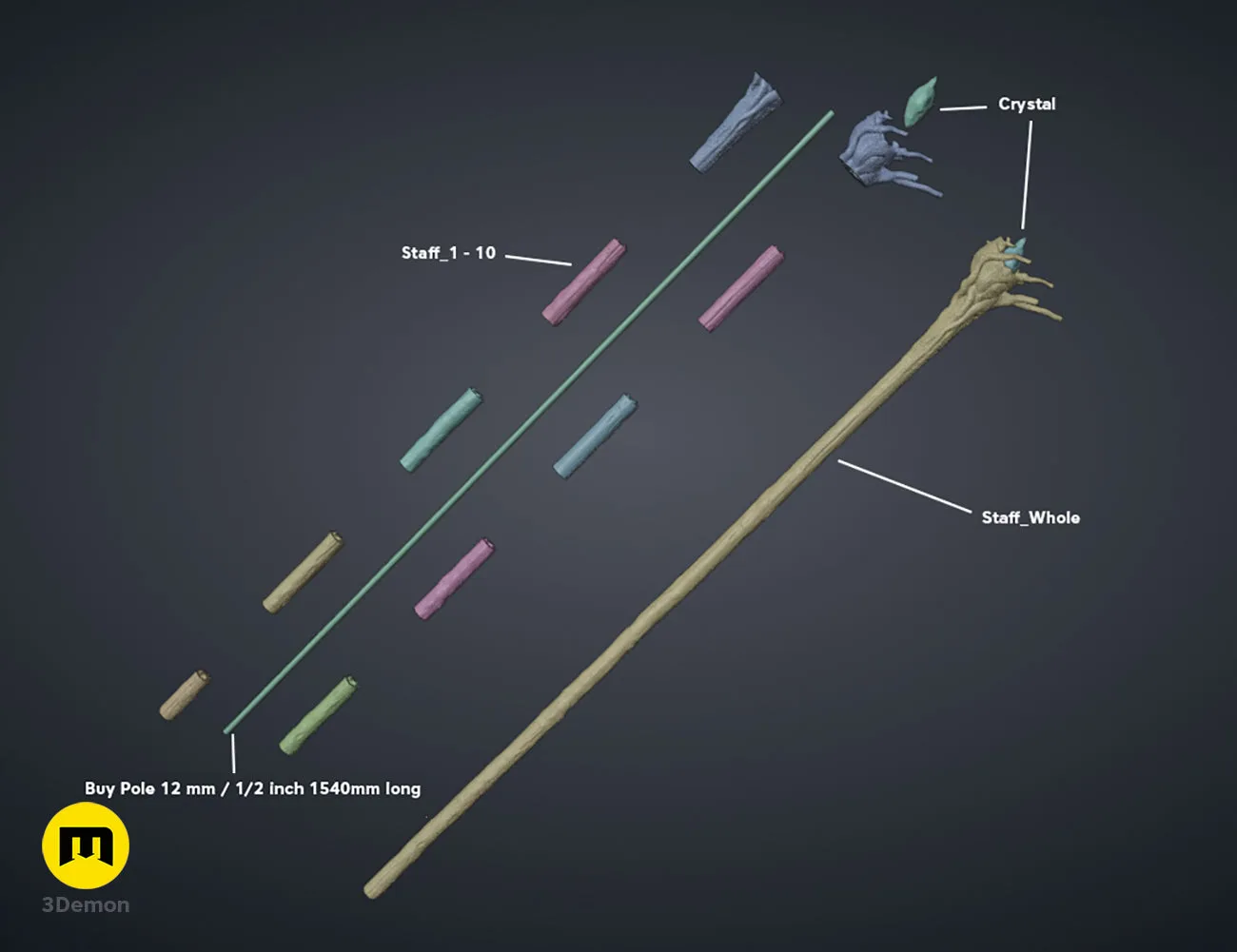 Exploded assembly render of 3D printable brown wooden staff parts for cosplay prop makers.
