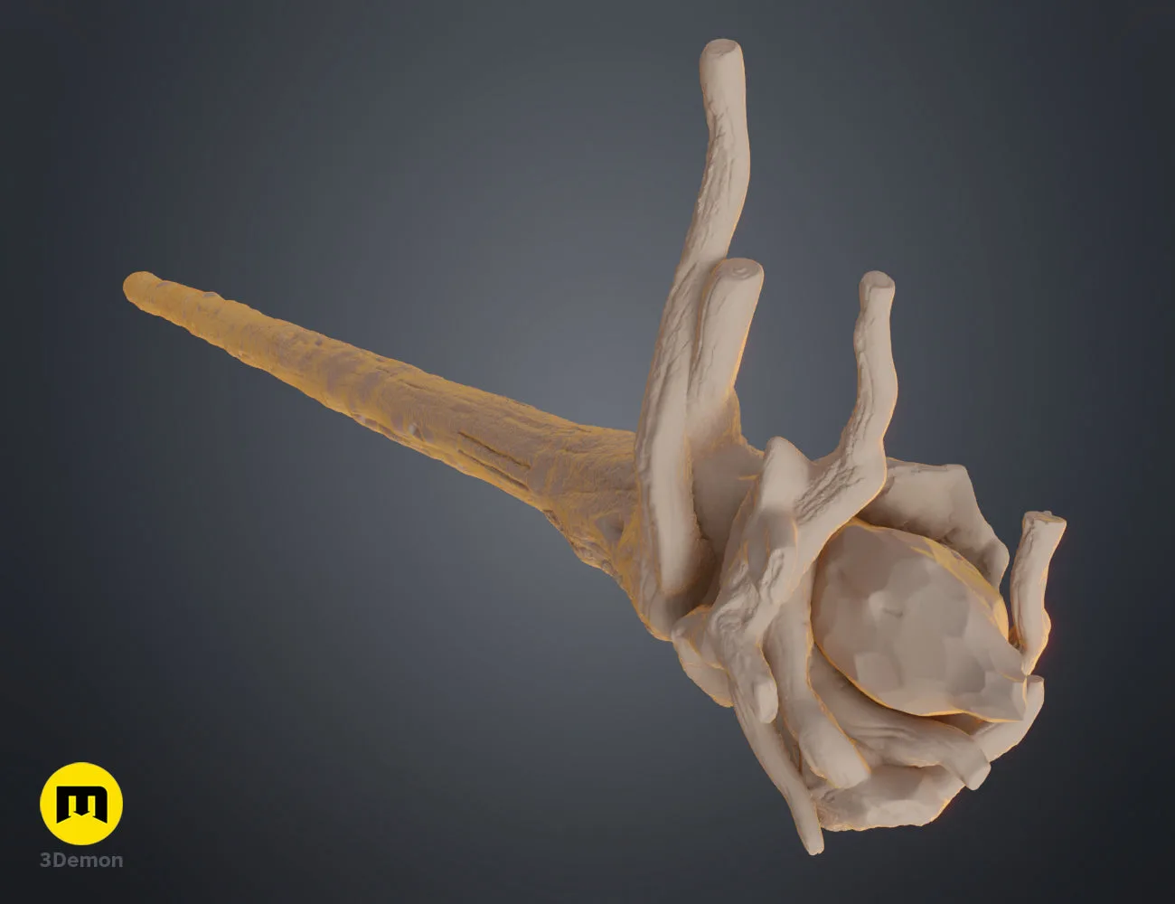 Perspective clay render of the wizard staff base, showing the 3D model geometry for cosplay.