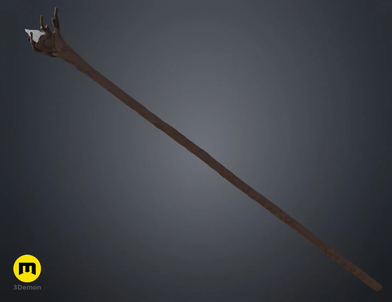 Perspective colored render of the wooden wizard staff head and upper shaft, 3D printable model.