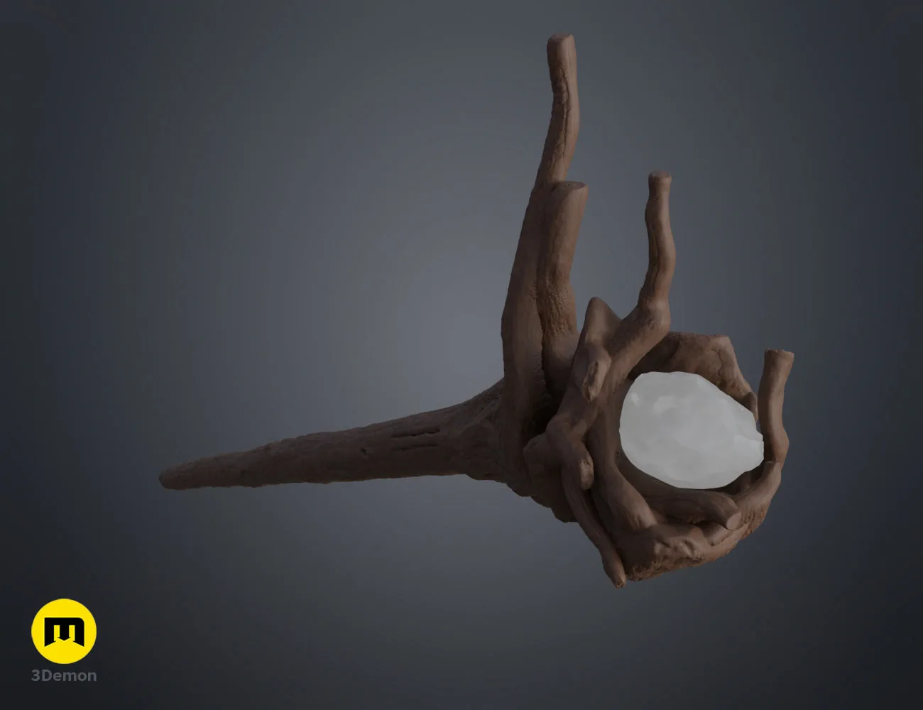 Perspective colored render showing the wooden head of a wizard staff with a crystal, 3D printable prop.