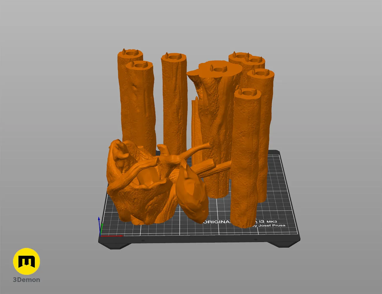 Slicer software screenshot showing multiple grey 3D printable STL parts of a wizard staff on a build plate.