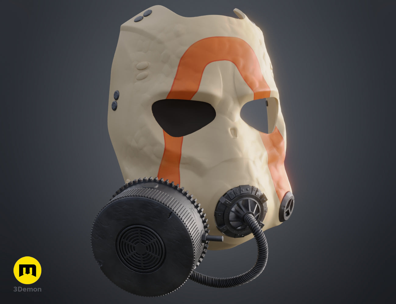 Three-quarter colored render of a 3D printable mask cosplay prop, highlighting the textured mask surface.