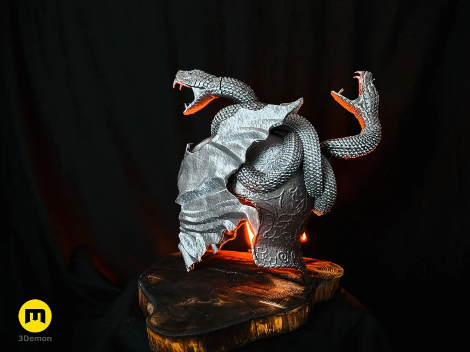 Lifestyle photo of a 3D printed Messmer helmet showing the rear snake and wing details for cosplay.