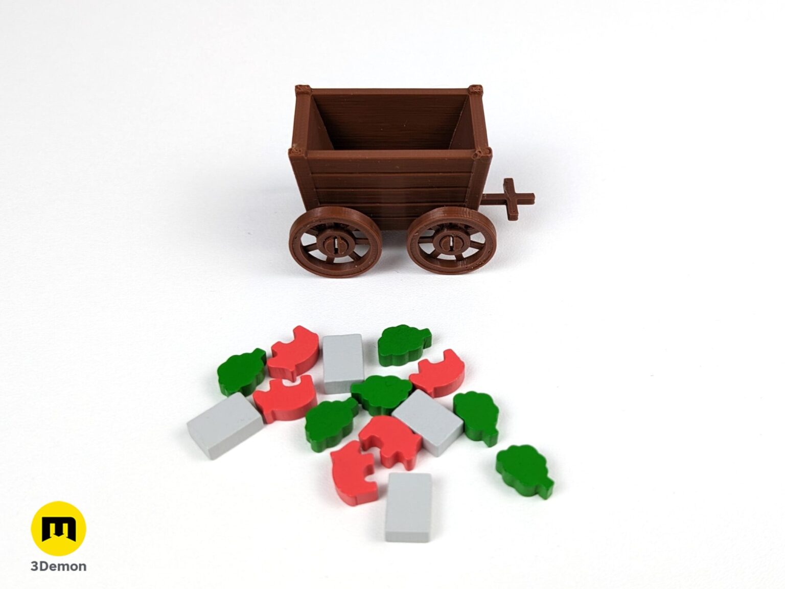 Lifestyle photo of a brown 3D printed resource cart with board game tokens scattered nearby on a white surface.
